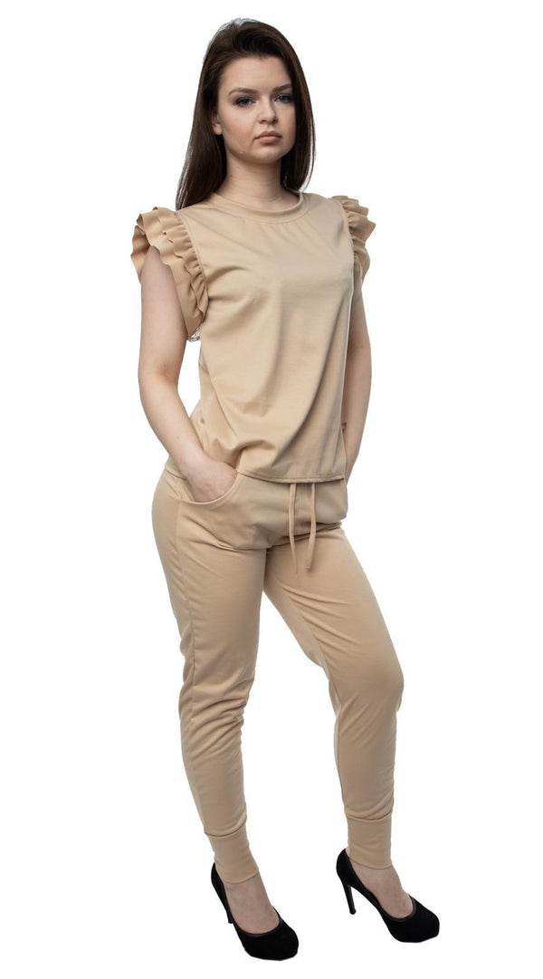 Kind Vibe Women's Frill boxy with Trouser Set (Many Colours) - Beige