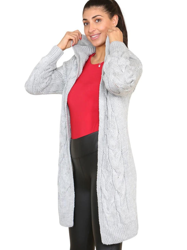Kind Vibe Women's Knitted Cables Hooded Long Over Sized Cardigan One Size (6-20) - Grey