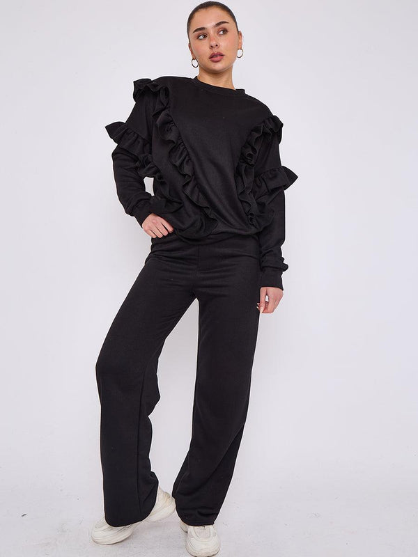 Kind Vibe Women's Long Sleeve Frill Top & Wide Leg Trouser Co-ord Set - Black