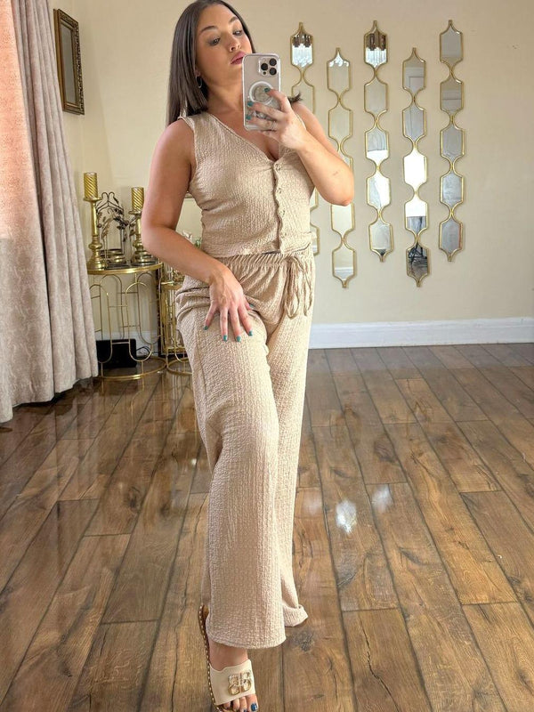 Kind Vibe Women's V Neck Waffle Style Waistcoat and Wide Leg Trouser Co ord Set - Beige