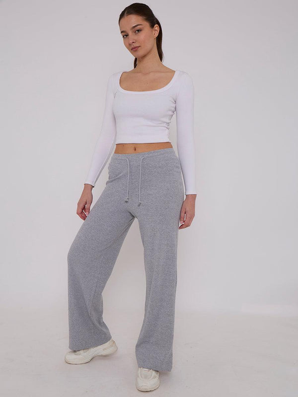 Kind Vibe Women's Wide Leg Ribbed Joggers Trousers - Grey