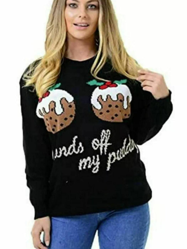 Kind Vibe Women's HANDS OFF MY PUDDING Xmas Christmas Knitted Jumper Top Dress - Black