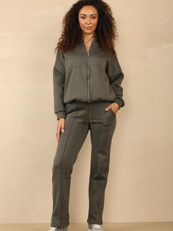 Kind Vibe Women's Bomber Oversized Baggy 2 Pieces Loungewear Causal Comfortable Tracksuit Set Womenswear - Khaki