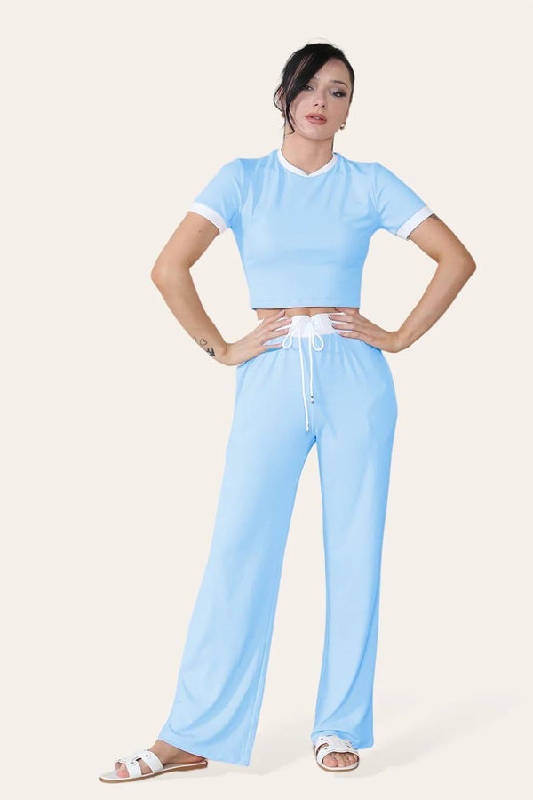 Kind Vibe Women's Ribbed Contrast Wide Leg Flared Trousers And Top Loungewear TRS Cropped Set - Sky Blue