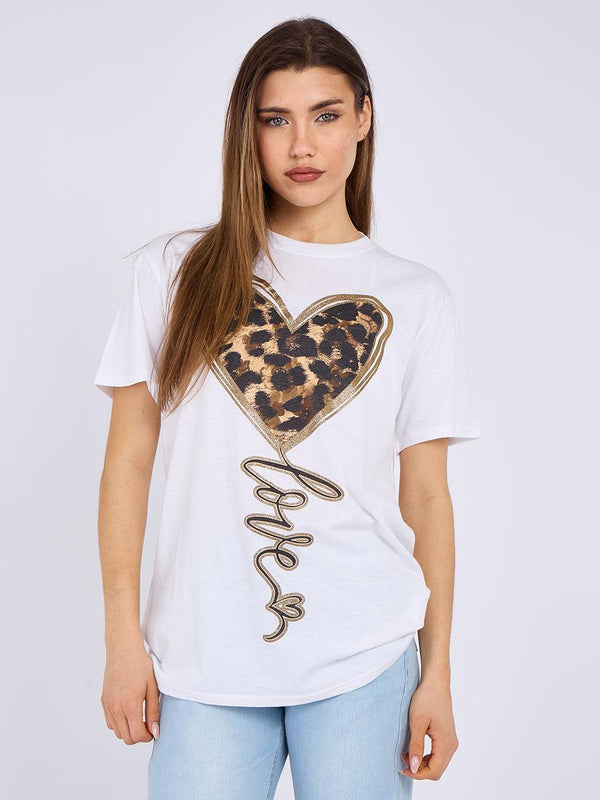 Kind Vibe Women's Leopard Heart Graphic Printed T-Shirt Top - White
