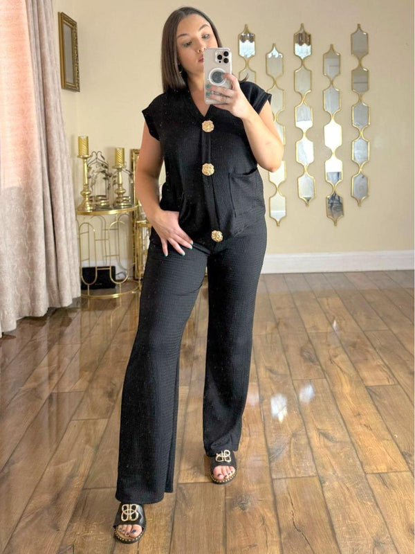 Kind Vibe Women's Trouser and Waistcoat Co Ord Set With Gold Brooch - Black