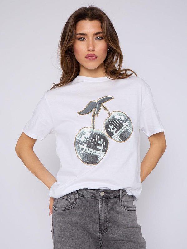 Kind Vibe Women's Cherry Graphic Printed T-Shirt Top - White