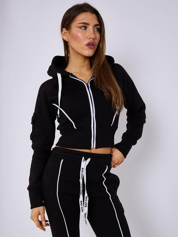 Kind Vibe Women's Bad Girl Print Tape Drawstring Fleece Cropped Zip Up Hoodie & Jogger Set - Black