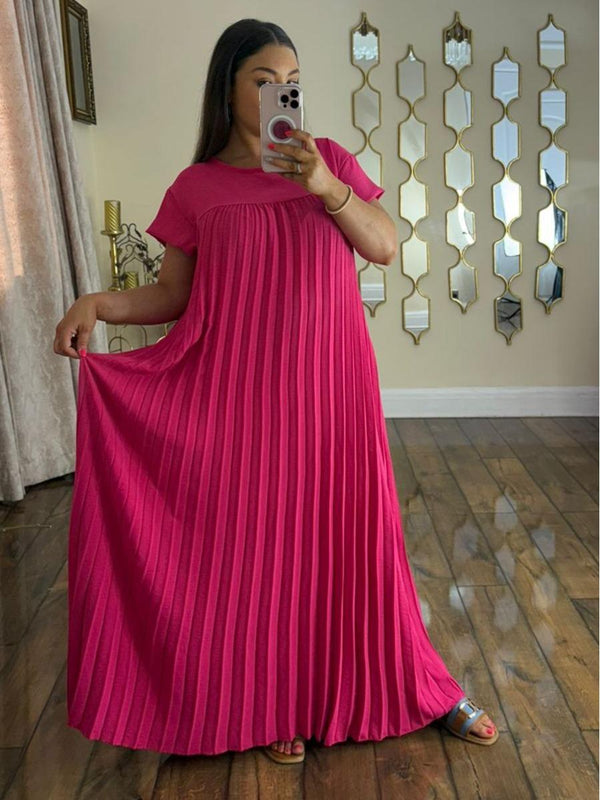 Kind Vibe Women's Long Pleated Summer Maxi Dress with Pockets - Fuchsia