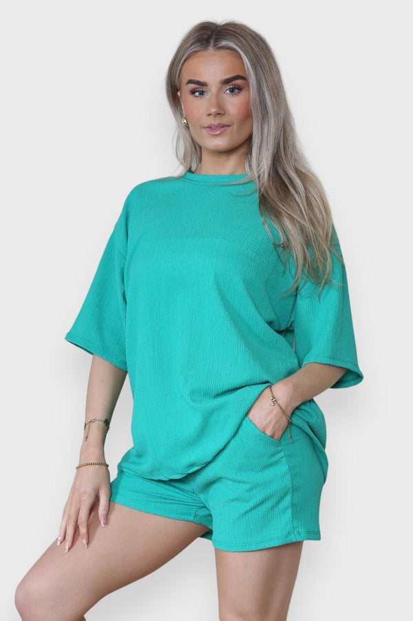 Kind Vibe Women’s 2pcs short sleeve textured cycling short pockets Co Ord set - Jade Green