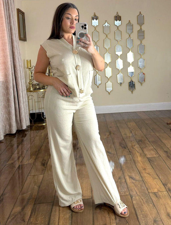 Kind Vibe Women's Trouser and Waistcoat Co Ord Set With Gold Brooch - Beige