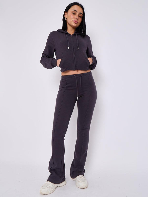 Kind Vibe Women's Interlock Cropped Zip Hoodie and Bell Bottom Trouser Set - Charcoal