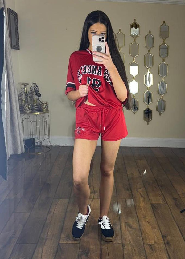 Kind Vibe Womens LA Varsity T-Shirt With Shorts Co-Ord Set - Red
