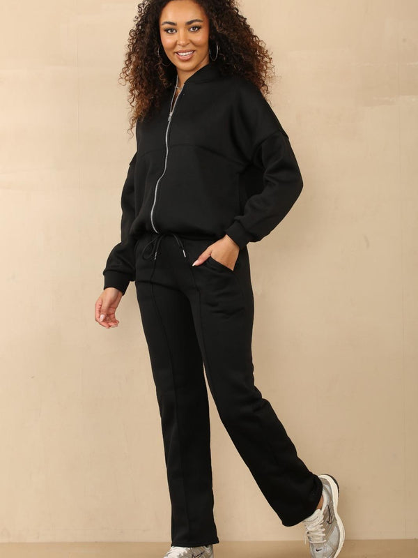 Kind Vibe Women's Bomber Oversized Baggy 2 Pieces Loungewear Causal Comfortable Tracksuit Set Womenswear - Black