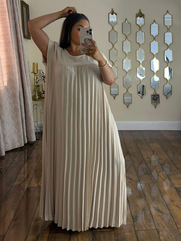 Kind Vibe Women's Long Pleated Summer Maxi Dress with Pockets - Beige