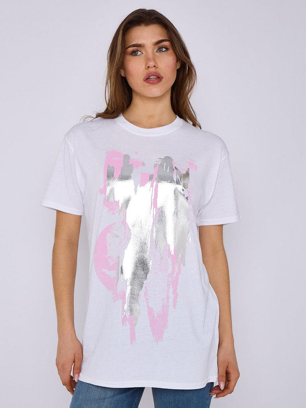 Kind Vibe Women's Pink Foil Graphic Graphic Printed T-Shirt Top - White