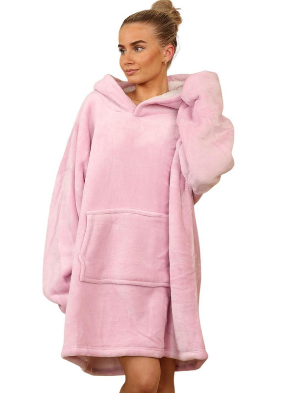Kind vibe Women's Oversized Super Soft Sherpa Blanket Fleece warm Unisex Sweatshirt Fit All Sizes Hoodie  -  Pink