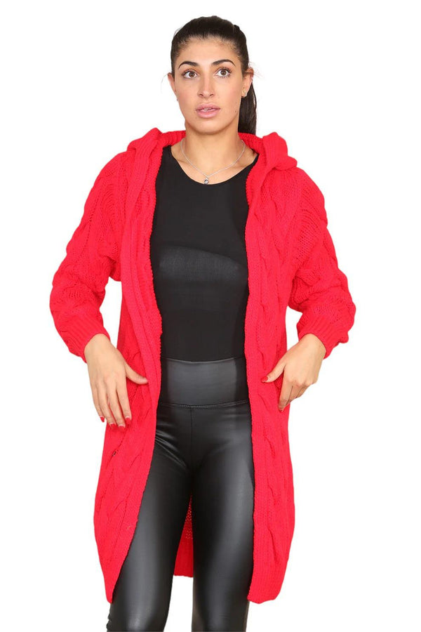 Kind Vibe Women's Knitted Cables Hooded Long Over Sized Cardigan One Size (6-20) - Red