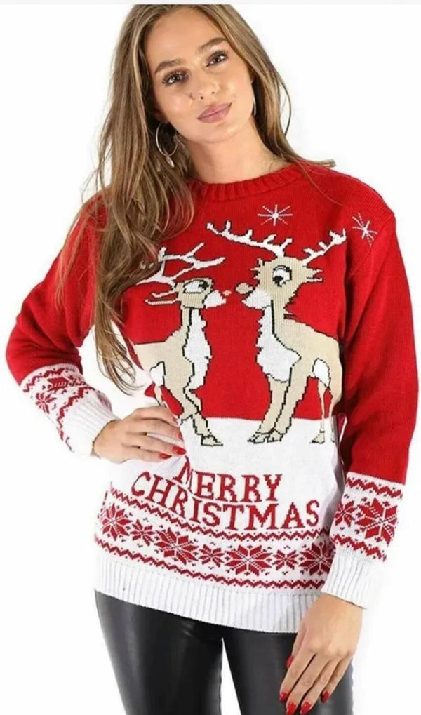 Kind Vibe Women's MERRY CHRISTMAS Kissing Reindeer Jumper dress One size (6-16) - Red