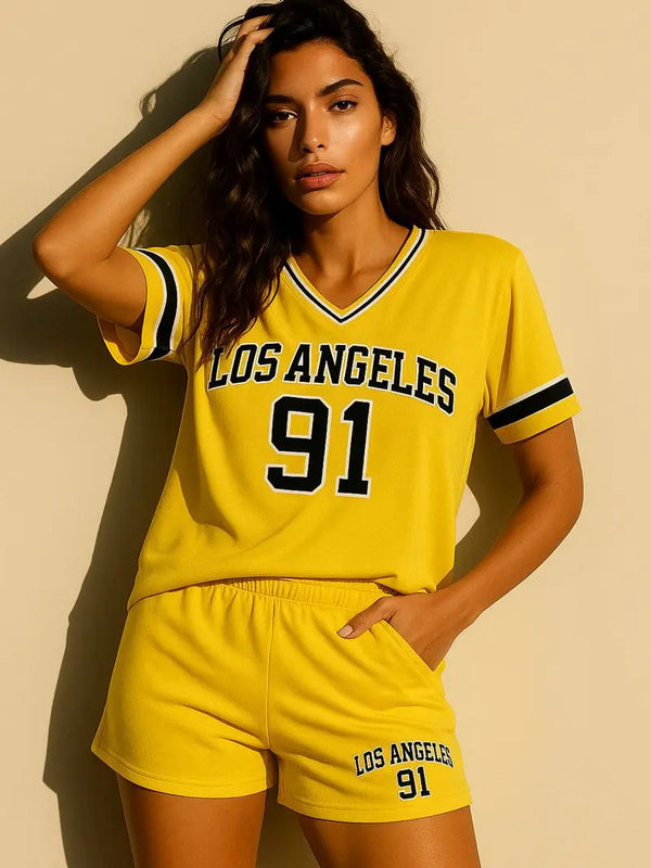 Kind Vibe Womens LA Varsity T-Shirt With Shorts Co-Ord Set - Pink