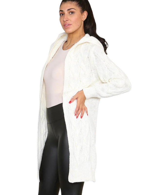 Kind Vibe Women's Knitted Cables Hooded Long Over Sized Cardigan One Size (6-20) - Cream