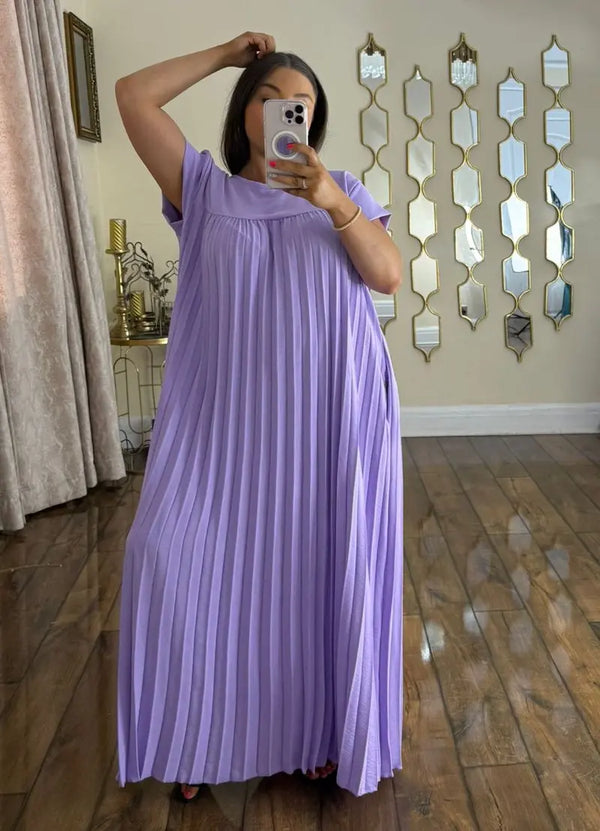 Kind Vibe WOmens Long Pleated Summer Maxi Dress With Pockets - Lilac