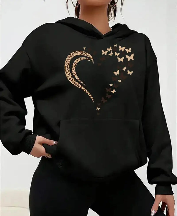 Kind Vibe Womens Long Sleeve Butterfly and Hearts Graphic Print Hoodie