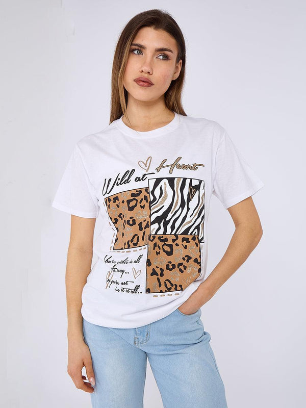Kind Vibe Women's Wild At Heart Graphic Printed T-Shirt Top - White