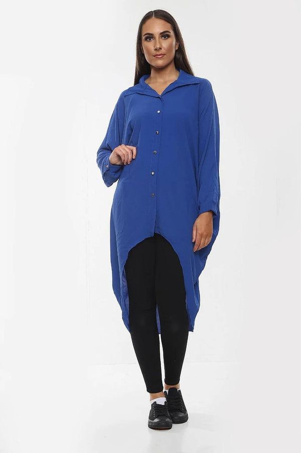 Kind Vibe Women's High-Low Oversized Button Long Top Shirt Dress with Hem and Long Sleeves Comfortable - Royal Blue