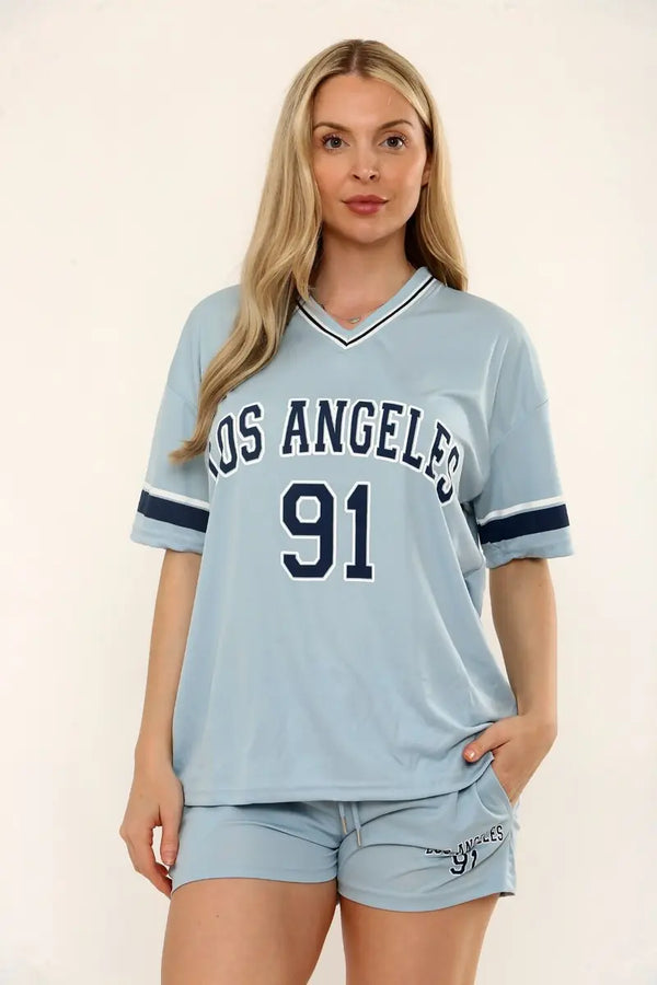 Kind Vibe Womens LA Varsity T-Shirt With Shorts Co-Ord Set - Blue