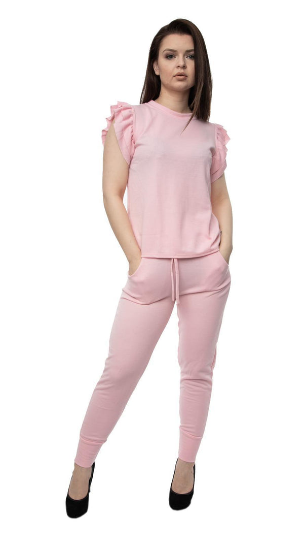 Kind Vibe Women's Frill boxy with Trouser Set (Many Colours) - Pink