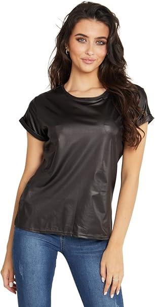 Kind Vibe Women's Shiny Wet Look PVC PU Ladies Turn Up Short Sleeve T-Shirt Top - Black