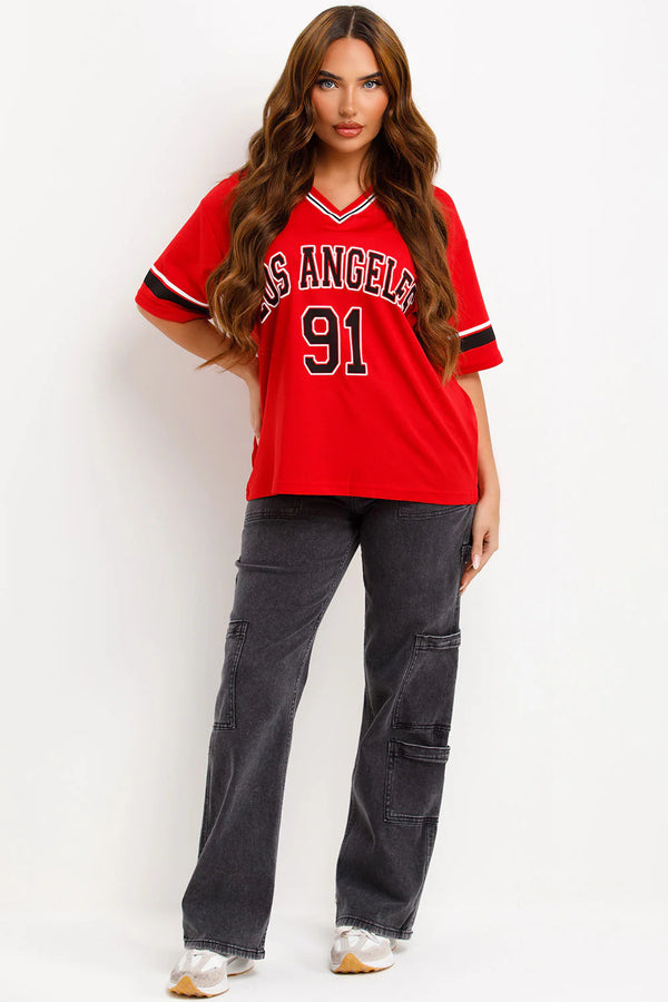 Kind Vibe Women's Los Angeles 91 Jersey T-Shirt Top - Red
