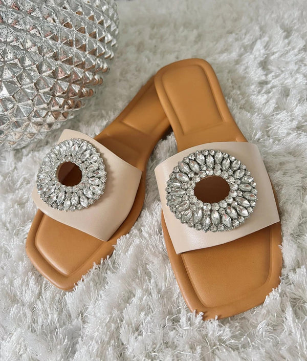 Kind Vibe Women's Diamante Broach Beige Summer Flats Sandals Shoes