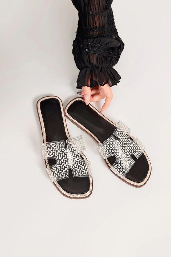 Kind Vibe Women's Clear Strap Faux Leather Summer Flats Shoes - Black