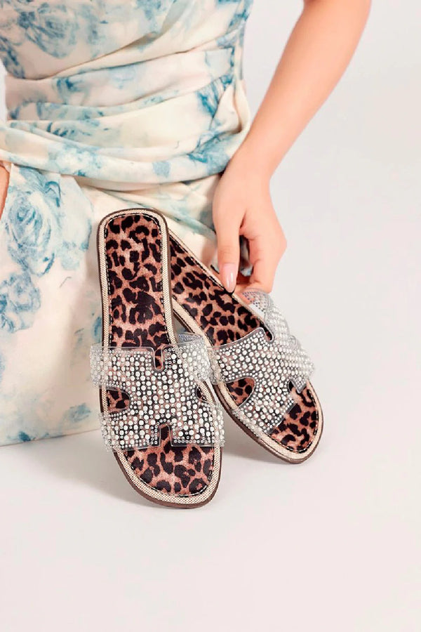 Kind Vibe Women's Clear Strap Faux Leather Summer Flats Shoes - Leopard