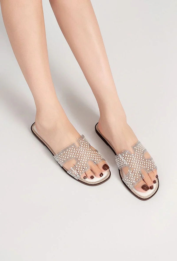 Kind Vibe Women's Clear Strap Faux Leather Summer Flats Shoes - White
