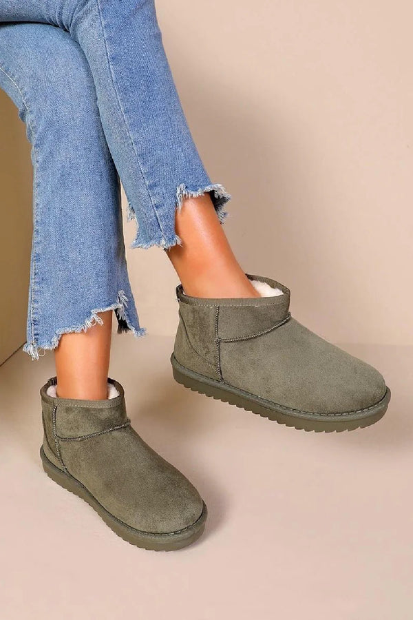 Kind Vibe Women's Faux Suede Fur Lined Ankle Boots - Olive