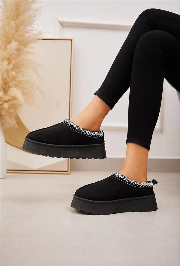 Kind Vibe Women's Faux Suede Fur Platform Slippers - Black White