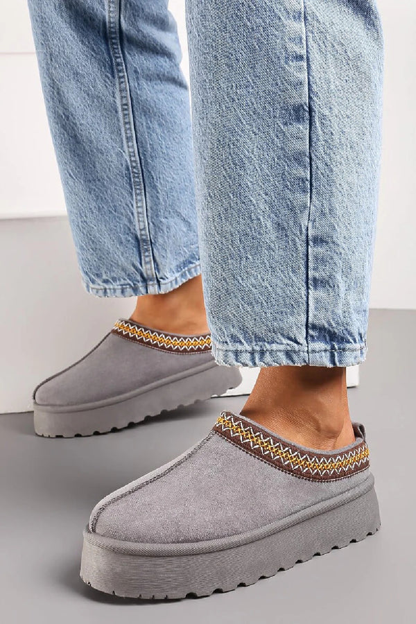 Kind Vibe Women's Faux Suede Fur Platform Slippers - Grey