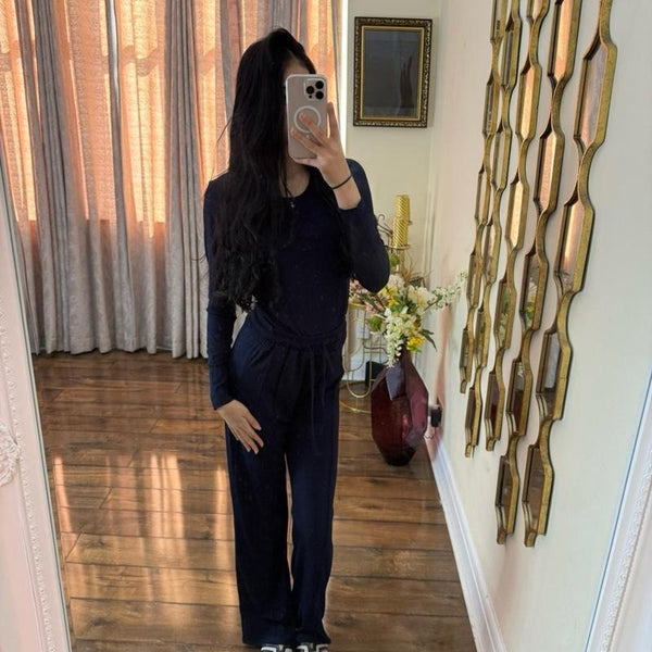 Kind Vibe Women's Scoop Neck Ribbed Bodysuit & Wide Leg Trouser Co-ord Set - Black