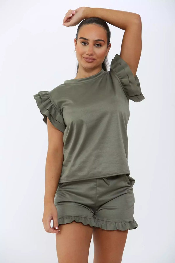 Kind Vibe Women's Frill Peplum Short Sleeve Top and Shorts Co-ord Set - Khaki Green