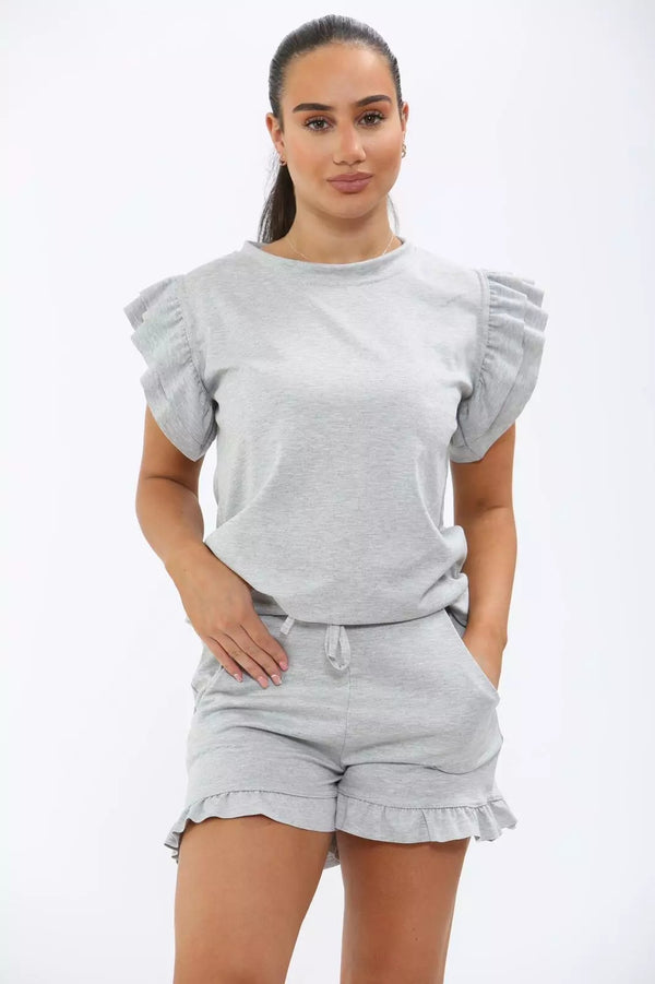 Kind Vibe Women's Frill Peplum Short Sleeve Top and Shorts Co-ord Set - Light Grey
