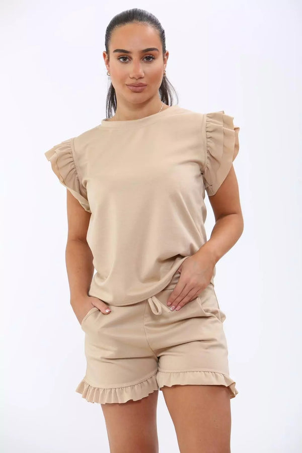 Kind Vibe Women's Frill Peplum Short Sleeve Top and Shorts Co-ord Set - Beige