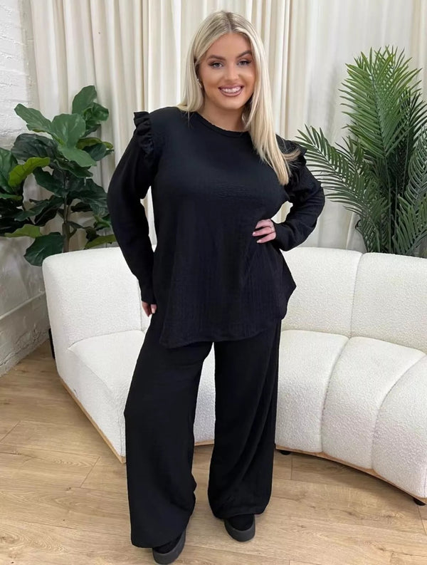 Kind Vibe Women's Frill Arm Flared Trousers and Top Loungewear Co-ord Set - Black