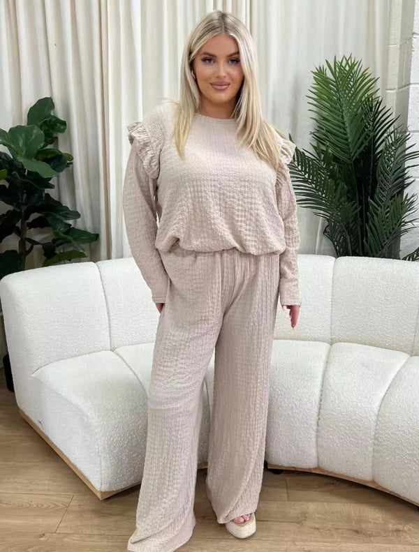 Kind Vibe Women's Frill Arm Flared Trousers and Top Loungewear Co-ord Set - Beige