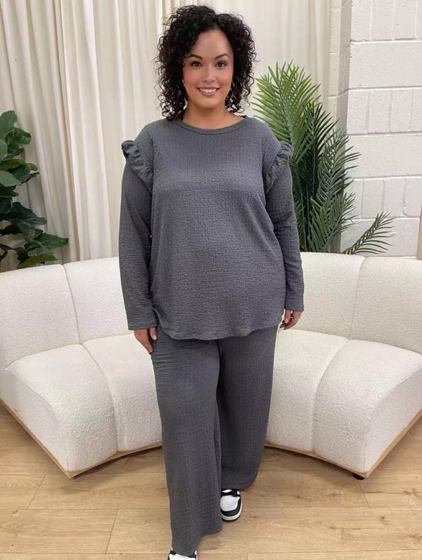 Kind Vibe Women's Frill Arm Flared Trousers and Top Loungewear Co-ord Set - Charcoal