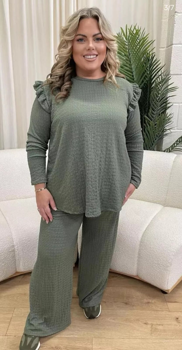Kind Vibe Women's Frill Arm Flared Trousers and Top Loungewear Co-ord Set - Khaki