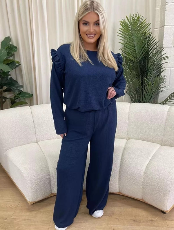 Kind Vibe Women's Frill Arm Flared Trousers and Top Loungewear Co-ord Set - Navy