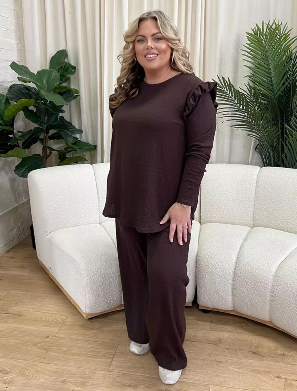 Kind Vibe Women's Frill Arm Flared Trousers and Top Loungewear Co-ord Set - Chocolate